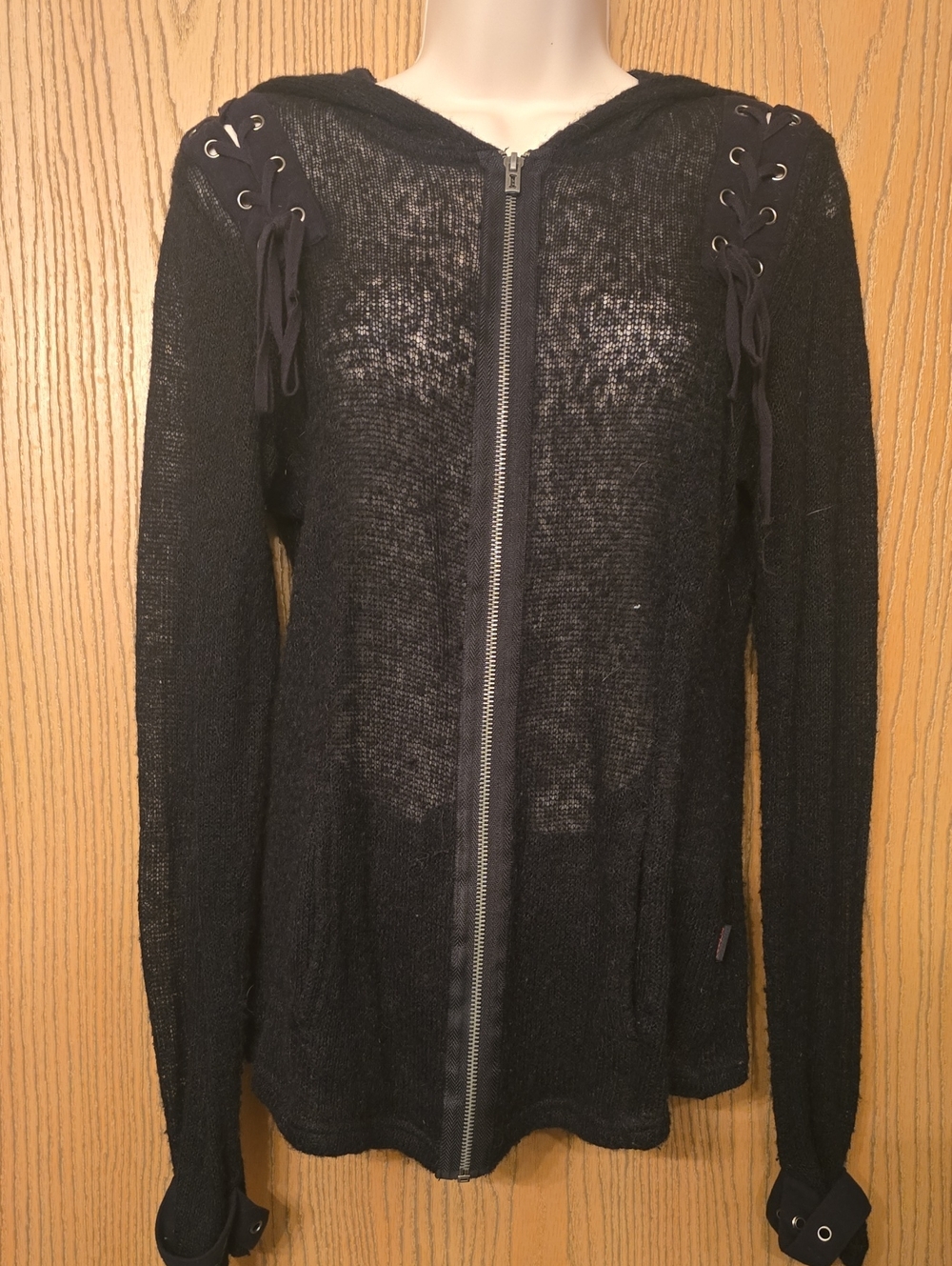 Royal Bones Black Sheer Knit Hooded Zip-Up Jackey with Lace-Up Shoulders